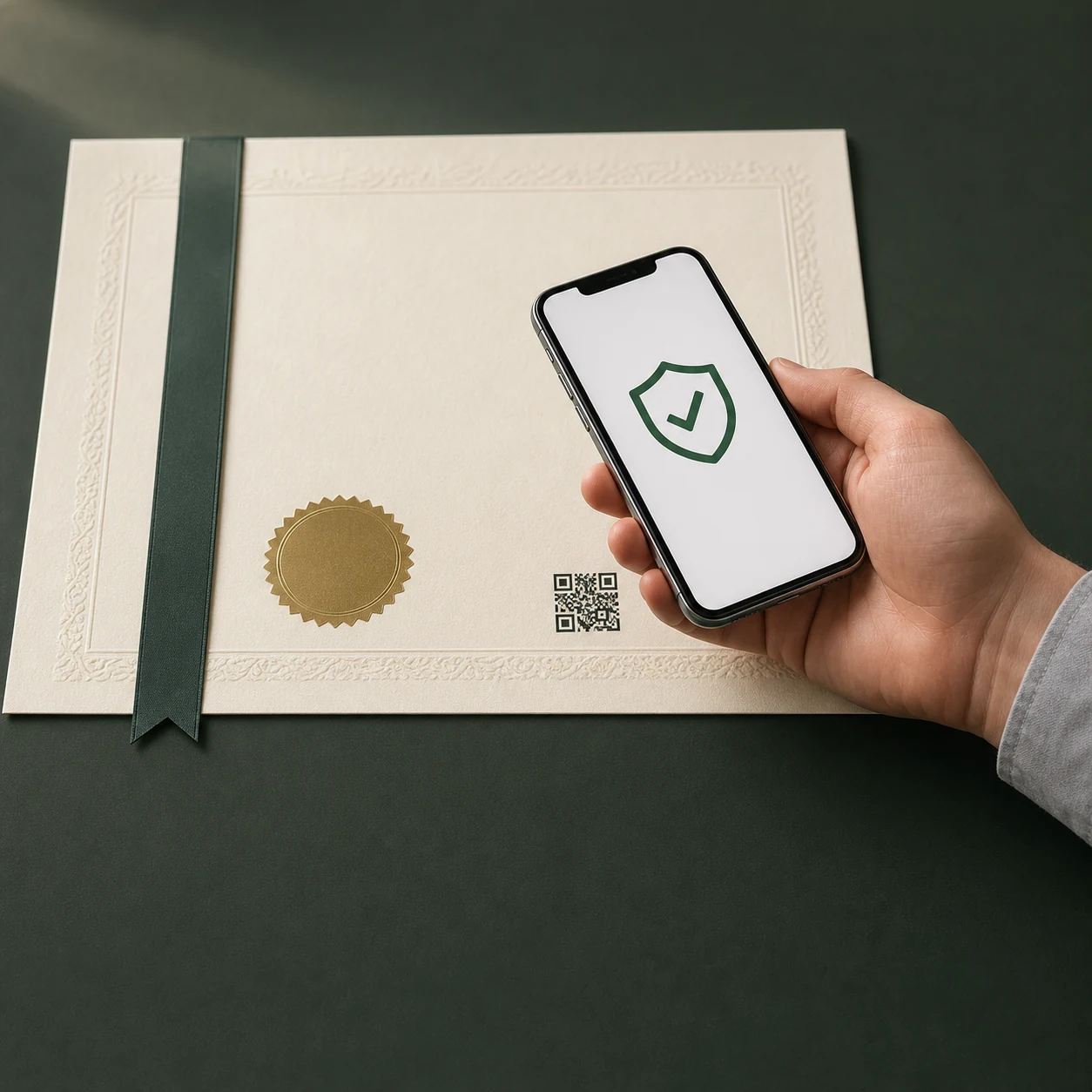 An academic certificate and phone showing a verification check